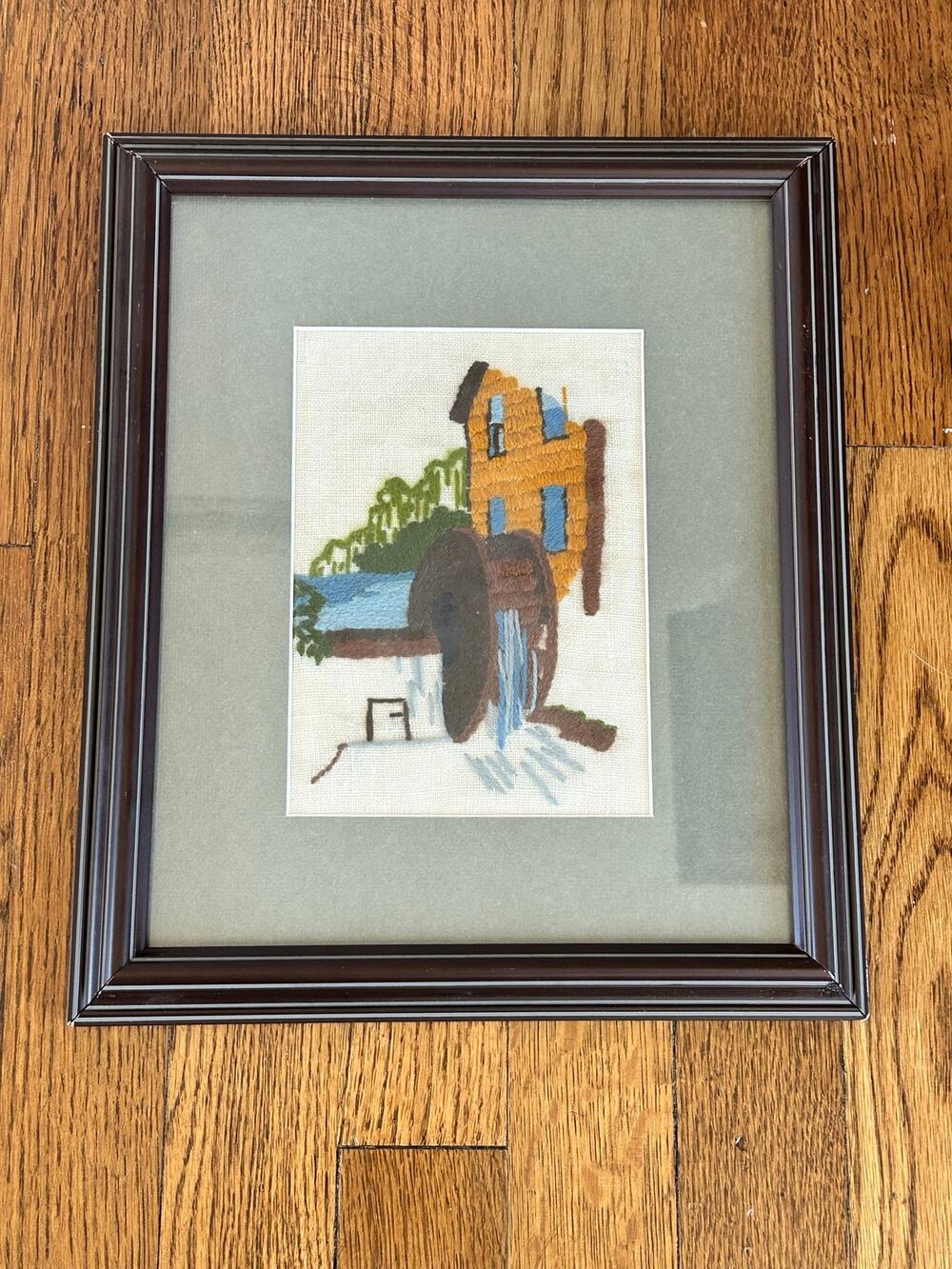 Vintage Crewel Embroidery Watermill Framed Wool Wall Art